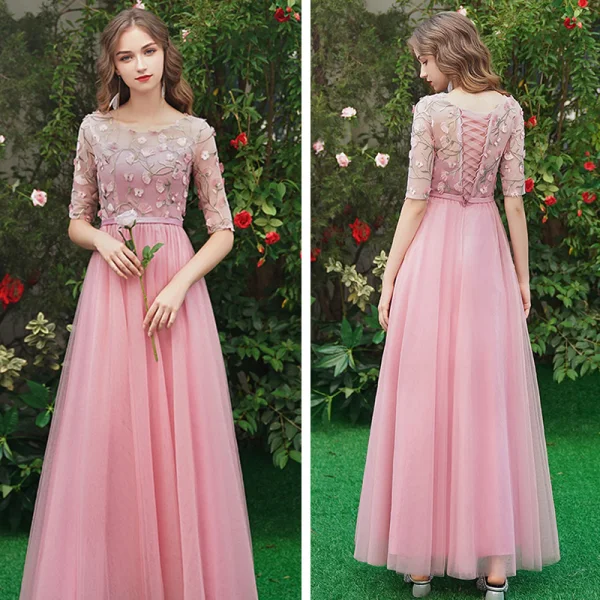 Affordable Candy Pink Bridesmaid Dresses 2019 A-Line / Princess Appliques Lace Sash Floor-Length / Long Ruffle Wedding Party Dresses