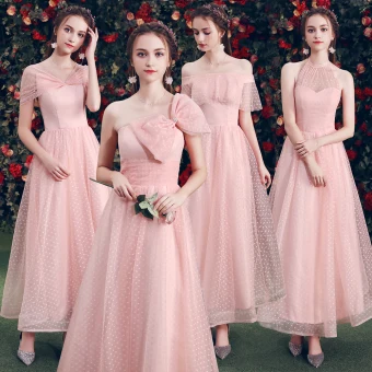 Affordable Pearl Pink Bridesmaid Dresses 2019 A Line Princess Spotted Tulle Ankle Length Ruffle Backless Wedding Party Dresses