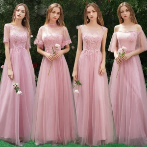 Affordable Candy Pink Bridesmaid Dresses 2019 A Line Princess Appliques Lace Floor Length Long Ruffle Wedding Party Dresses