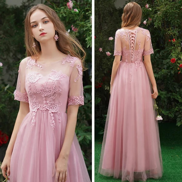Affordable Candy Pink Bridesmaid Dresses 2019 A-Line / Princess Appliques Lace Floor-Length / Long Ruffle Wedding Party Dresses