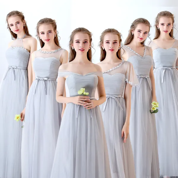 Chic Beautiful Discount Grey Bridesmaid Dresses 2019 A Line Princess Bow Sash Floor Length Long Ruffle