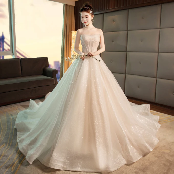 Bling Bling Champagne Brudekjoler 2019 Prinsesse Kjæreste Uten Ermer Ryggløse Sløyfe Sash Beading Glitter Polyester Cathedral Train Buste