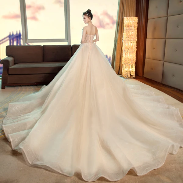 Bling Bling Champagne Brudekjoler 2019 Prinsesse Kjæreste Uten Ermer Ryggløse Sløyfe Sash Beading Glitter Polyester Cathedral Train Buste