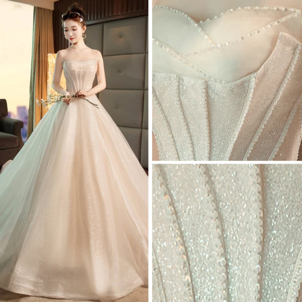 Bling Bling Champagne Brudekjoler 2019 Prinsesse Kjæreste Uten Ermer Ryggløse Sløyfe Sash Beading Glitter Polyester Cathedral Train Buste