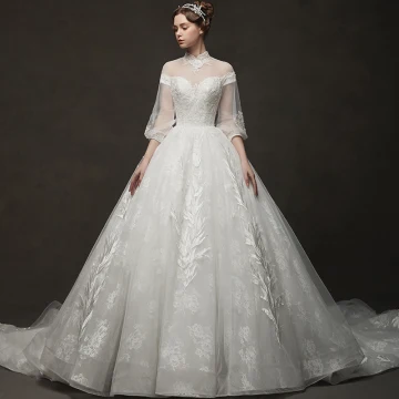 Vintage Elfenben Genomskinliga Bröllopsklänningar 2019 Prinsessa Hög Hals Pösigt 3 4 Ärm Halterneck Appliqués Spets Chapel Train
