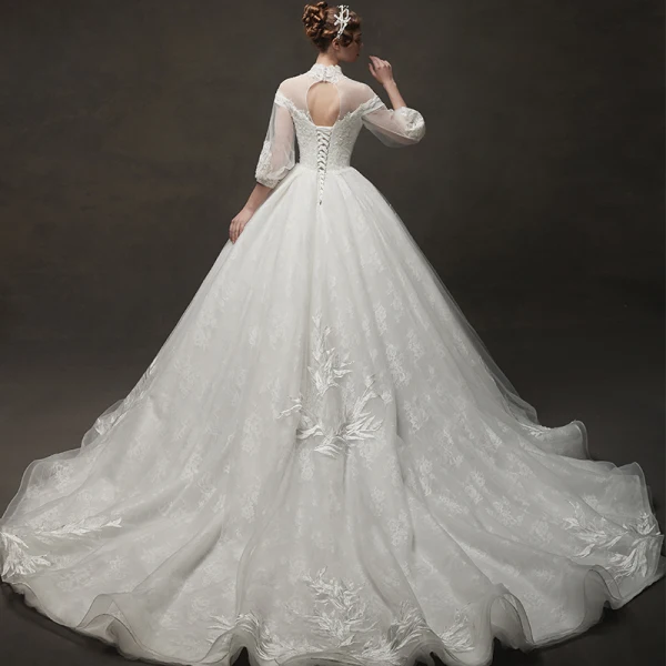Vintage Ivory / Creme Durchsichtige Brautkleider / Hochzeitskleider 2019 A Linie Stehkragen Geschwollenes 3/4 Ärmel Rückenfreies Applikationen Spitze Kapelle-Schleppe
