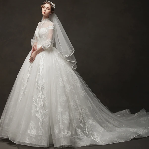 Vintage Ivory / Creme Durchsichtige Brautkleider / Hochzeitskleider 2019 A Linie Stehkragen Geschwollenes 3/4 Ärmel Rückenfreies Applikationen Spitze Kapelle-Schleppe