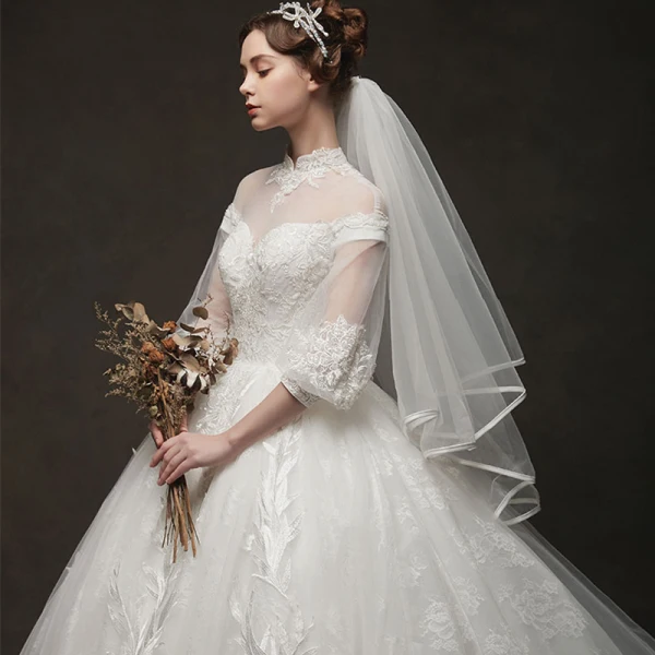 Vintage Ivory / Creme Durchsichtige Brautkleider / Hochzeitskleider 2019 A Linie Stehkragen Geschwollenes 3/4 Ärmel Rückenfreies Applikationen Spitze Kapelle-Schleppe