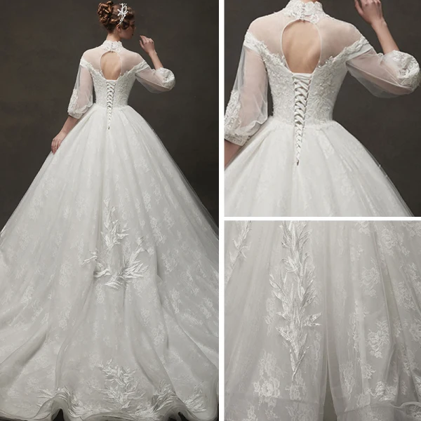 Vintage Ivory / Creme Durchsichtige Brautkleider / Hochzeitskleider 2019 A Linie Stehkragen Geschwollenes 3/4 Ärmel Rückenfreies Applikationen Spitze Kapelle-Schleppe