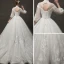 Vintage Ivory / Creme Durchsichtige Brautkleider / Hochzeitskleider 2019 A Linie Stehkragen Geschwollenes 3/4 Ärmel Rückenfreies Applikationen Spitze Kapelle-Schleppe