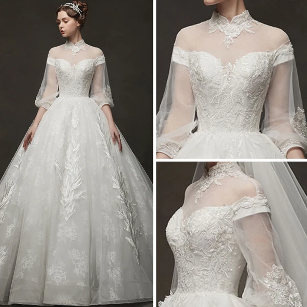 Vintage Ivory / Creme Durchsichtige Brautkleider / Hochzeitskleider 2019 A Linie Stehkragen Geschwollenes 3/4 Ärmel Rückenfreies Applikationen Spitze Kapelle-Schleppe