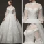 Vintage Ivory / Creme Durchsichtige Brautkleider / Hochzeitskleider 2019 A Linie Stehkragen Geschwollenes 3/4 Ärmel Rückenfreies Applikationen Spitze Kapelle-Schleppe