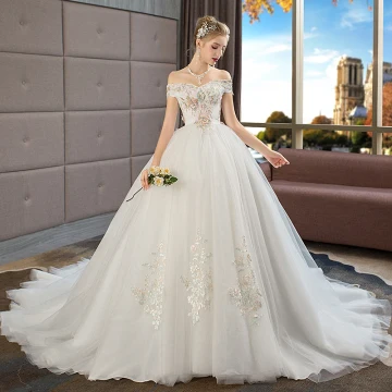 Chic Belle Ivoire Enceinte Robe De Mariée 2019 Empire De L 039 Épaule Manches Courtes Dos Nu Appliques En Dentelle Perle Faux Diamant Chapel Train