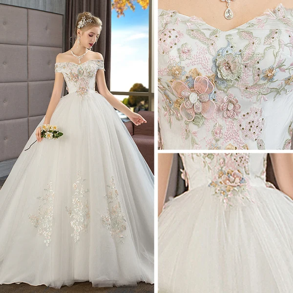 Schöne Ivory / Creme Schwangere Brautkleider / Hochzeitskleider 2019 Empire Off Shoulder Kurze Ärmel Rückenfreies Applikationen Spitze Perle Strass Kapelle-Schleppe