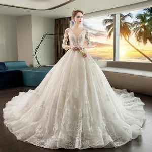 Luxury Gorgeous Ivory See Through Wedding Dresses 2019 Ball Gown Square Neckline 3 4 Sleeve Backless Appliques Lace Glitter Tulle Cathedral Train Ruffle