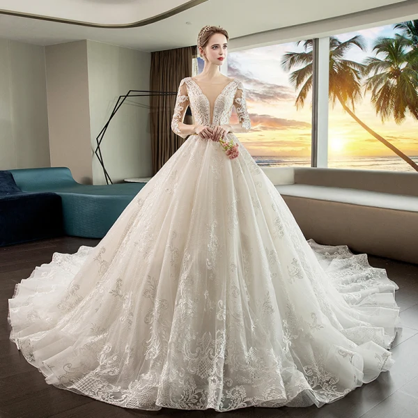 Luxus / Herrlich Ivory / Creme Durchsichtige Brautkleider / Hochzeitskleider 2019 Ballkleid Eckiger Ausschnitt 3/4 Ärmel Rückenfreies Applikationen Spitze Glanz Tülle Kathedrale Schleppe Rüschen