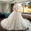 Luxury / Gorgeous Ivory See-through Wedding Dresses 2019 Ball Gown Square Neckline 3/4 Sleeve Backless Appliques Lace Glitter Tulle Cathedral Train Ruffle