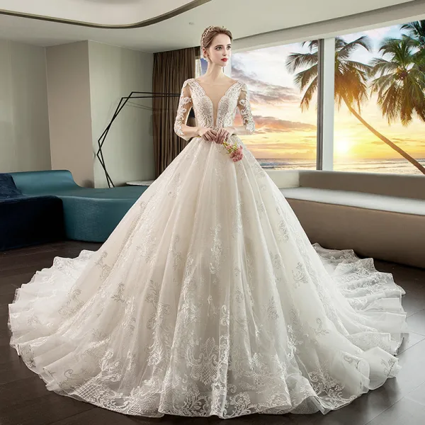 Luxury / Gorgeous Ivory See-through Wedding Dresses 2019 Ball Gown Square Neckline 3/4 Sleeve Backless Appliques Lace Glitter Tulle Cathedral Train Ruffle