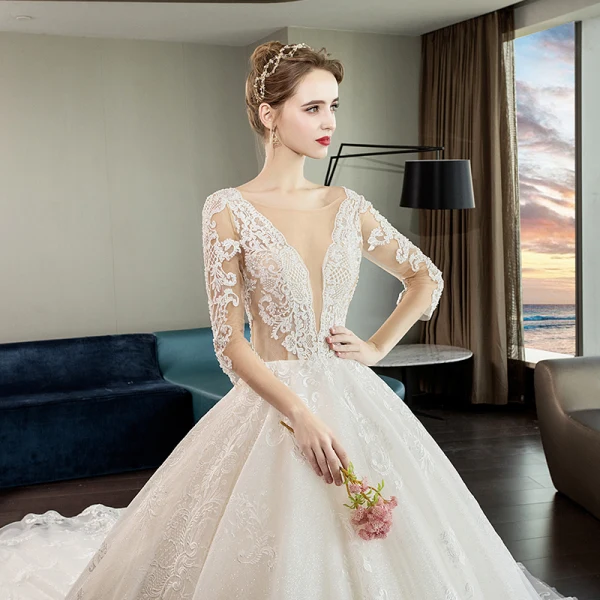 Luxus / Herrlich Ivory / Creme Durchsichtige Brautkleider / Hochzeitskleider 2019 Ballkleid Eckiger Ausschnitt 3/4 Ärmel Rückenfreies Applikationen Spitze Glanz Tülle Kathedrale Schleppe Rüschen