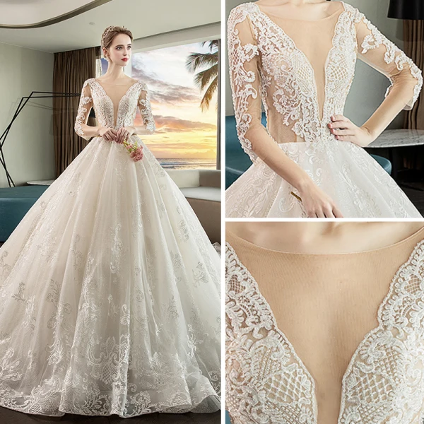 Luxus / Herrlich Ivory / Creme Durchsichtige Brautkleider / Hochzeitskleider 2019 Ballkleid Eckiger Ausschnitt 3/4 Ärmel Rückenfreies Applikationen Spitze Glanz Tülle Kathedrale Schleppe Rüschen