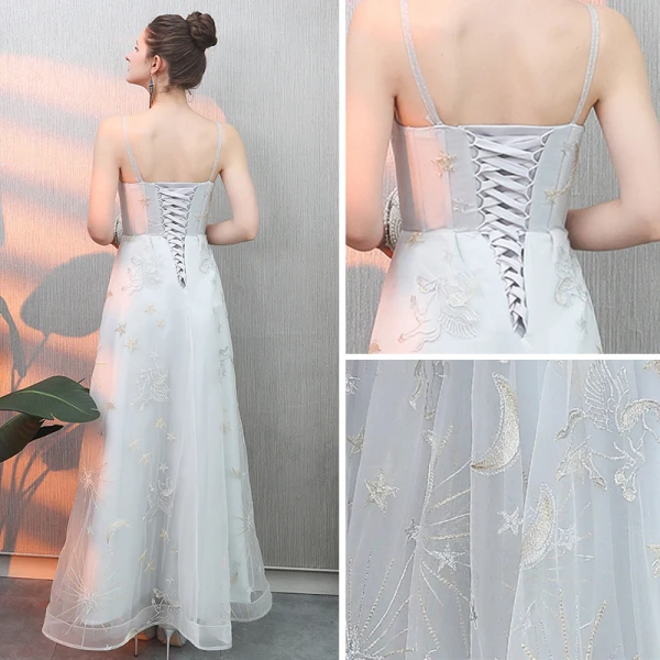 Abordable Argenté Robe De Soirée 2019 Princesse Bretelles Spaghetti Sans Manches Appliques En Dentelle Longue Volants Dos Nu Robe De Ceremonie