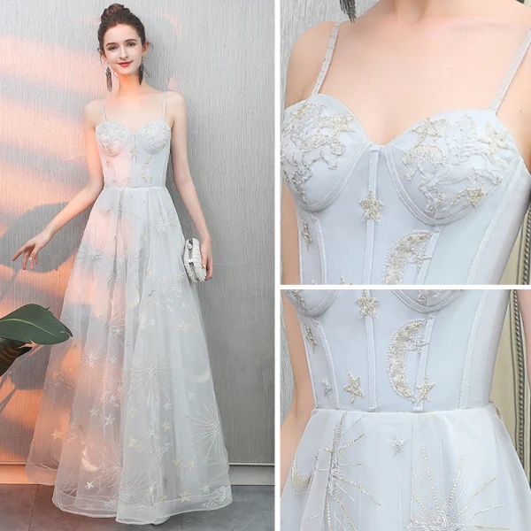 Abordable Argenté Robe De Soirée 2019 Princesse Bretelles Spaghetti Sans Manches Appliques En Dentelle Longue Volants Dos Nu Robe De Ceremonie