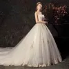 Affordable Ivory Wedding Dresses 2019 Ball Gown Sweetheart Sleeveless Backless Sequins Appliques Lace Cathedral Train Ruffle