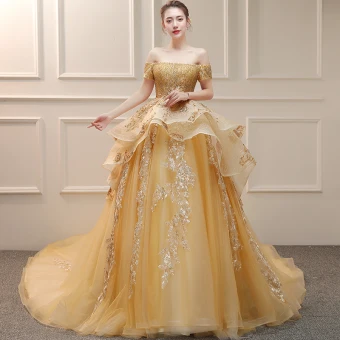 Luxury Gorgeous Gold Wedding Dresses 2019 Ball Gown Off The Shoulder Short Sleeve Backless Appliques Lace Handmade Beading Sequins Cathedral Train Ruffle