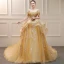 Luxury / Gorgeous Gold Wedding Dresses 2019 Ball Gown Off-The-Shoulder Short Sleeve Backless Appliques Lace Handmade  Beading Sequins Cathedral Train Ruffle