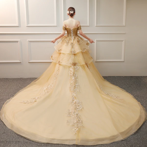 Luxury / Gorgeous Gold Wedding Dresses 2019 Ball Gown Off-The-Shoulder Short Sleeve Backless Appliques Lace Handmade Beading Sequins Cathedral Train Ruffle