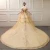 Luxury / Gorgeous Gold Wedding Dresses 2019 Ball Gown Off-The-Shoulder Short Sleeve Backless Appliques Lace Handmade  Beading Sequins Cathedral Train Ruffle