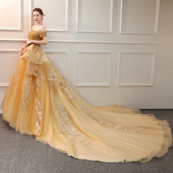 Luxury / Gorgeous Gold Wedding Dresses 2019 Ball Gown Off-The-Shoulder Short Sleeve Backless Appliques Lace Handmade Beading Sequins Cathedral Train Ruffle