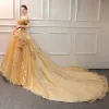 Luxury / Gorgeous Gold Wedding Dresses 2019 Ball Gown Off-The-Shoulder Short Sleeve Backless Appliques Lace Handmade  Beading Sequins Cathedral Train Ruffle