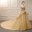 Luxury / Gorgeous Gold Wedding Dresses 2019 Ball Gown Off-The-Shoulder Short Sleeve Backless Appliques Lace Handmade  Beading Sequins Cathedral Train Ruffle