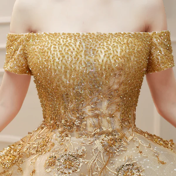 Luxury / Gorgeous Gold Wedding Dresses 2019 Ball Gown Off-The-Shoulder Short Sleeve Backless Appliques Lace Handmade Beading Sequins Cathedral Train Ruffle