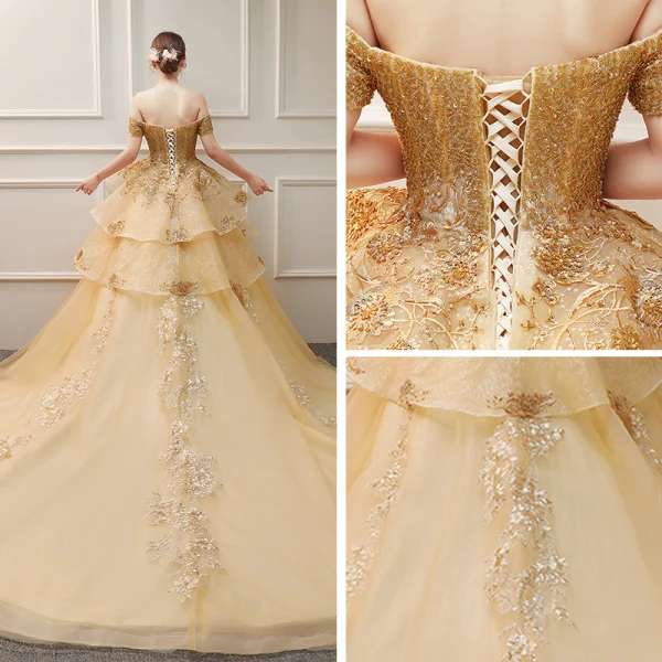 Luxury / Gorgeous Gold Wedding Dresses 2019 Ball Gown Off-The-Shoulder Short Sleeve Backless Appliques Lace Handmade Beading Sequins Cathedral Train Ruffle