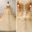 Luxury / Gorgeous Gold Wedding Dresses 2019 Ball Gown Off-The-Shoulder Short Sleeve Backless Appliques Lace Handmade  Beading Sequins Cathedral Train Ruffle