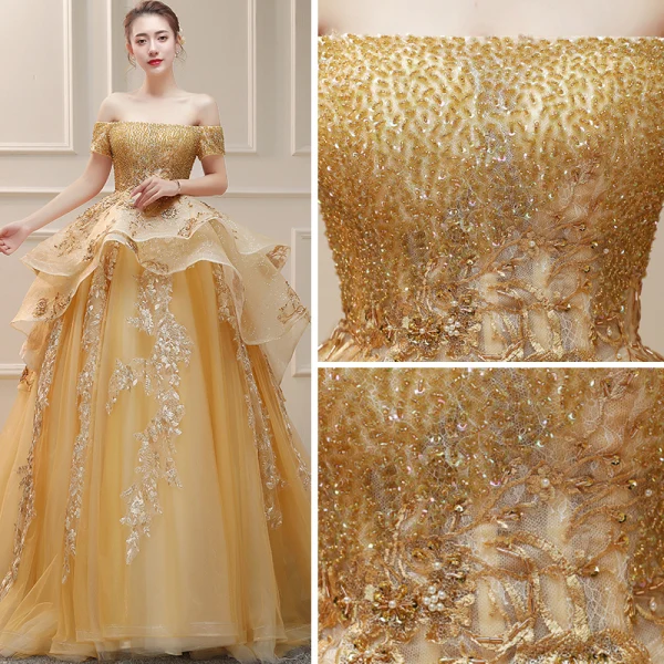 Luxury / Gorgeous Gold Wedding Dresses 2019 Ball Gown Off-The-Shoulder Short Sleeve Backless Appliques Lace Handmade Beading Sequins Cathedral Train Ruffle