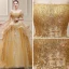 Luxury / Gorgeous Gold Wedding Dresses 2019 Ball Gown Off-The-Shoulder Short Sleeve Backless Appliques Lace Handmade  Beading Sequins Cathedral Train Ruffle