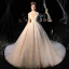 Fabuleux Champagne Transparentes Robe De Mariée 2019 Robe Boule Col Haut 3/4 Manches Dos Nu Appliques En Dentelle Perlage Glitter Tulle Cathedral Train Volants