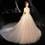 Fabuleux Champagne Transparentes Robe De Mariée 2019 Robe Boule Col Haut 3/4 Manches Dos Nu Appliques En Dentelle Perlage Glitter Tulle Cathedral Train Volants