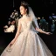 Fabuleux Champagne Transparentes Robe De Mariée 2019 Robe Boule Col Haut 3/4 Manches Dos Nu Appliques En Dentelle Perlage Glitter Tulle Cathedral Train Volants