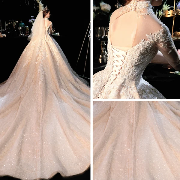 Fabuleux Champagne Transparentes Robe De Mariée 2019 Robe Boule Col Haut 3/4 Manches Dos Nu Appliques En Dentelle Perlage Glitter Tulle Cathedral Train Volants