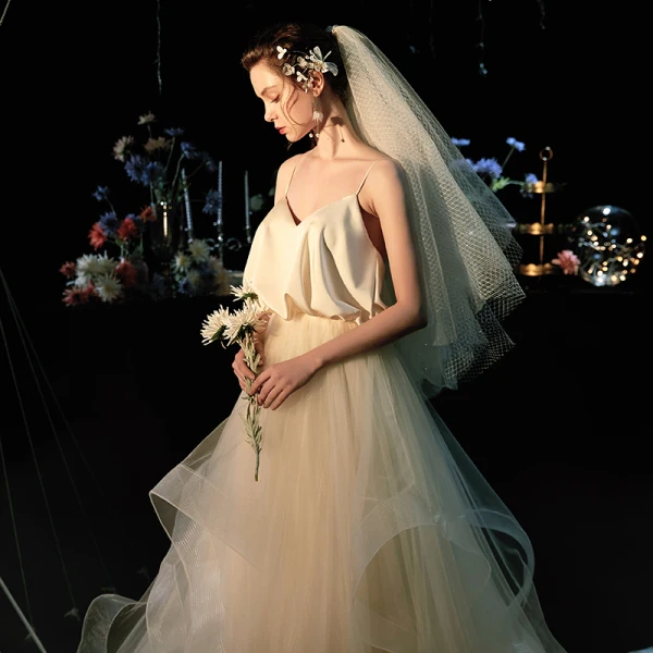 Classy Champagne Silk Beach Wedding Dresses 2019 Empire Spaghetti Straps Sleeveless Backless Sweep Train Ruffle