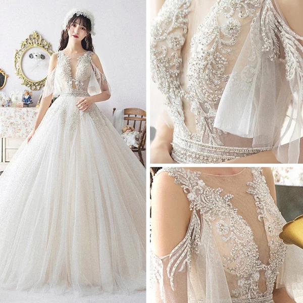 Illusion Ivoire Robe De Mariée 2019 Princesse Transparentes Col v profond Dos Nu 1/2 Manches Appliques En Dentelle Perlage Chapel Train Volants Printemps
