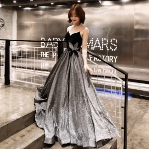Bling Bling Grey See Through Evening Dresses 2019 A Line Princess Scoop Neck 3 4 Sleeve Backless Glitter Polyester Floor Length Long Ruffle Formal Dresses