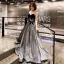 Bling Bling Grey See-through Evening Dresses  2019 A-Line / Princess Scoop Neck 3/4 Sleeve Backless Glitter Polyester Floor-Length / Long Ruffle Formal Dresses