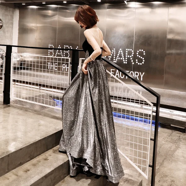 Bling Bling Grey See-through Evening Dresses  2019 A-Line / Princess Scoop Neck 3/4 Sleeve Backless Glitter Polyester Floor-Length / Long Ruffle Formal Dresses