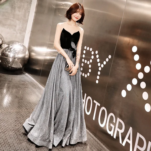Bling Bling Grey See-through Evening Dresses  2019 A-Line / Princess Scoop Neck 3/4 Sleeve Backless Glitter Polyester Floor-Length / Long Ruffle Formal Dresses