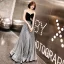 Bling Bling Grey See-through Evening Dresses  2019 A-Line / Princess Scoop Neck 3/4 Sleeve Backless Glitter Polyester Floor-Length / Long Ruffle Formal Dresses